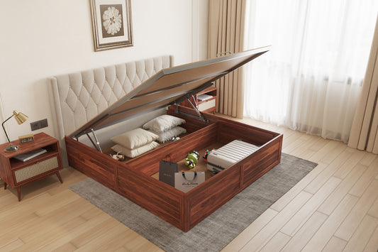 Samawi Sheesham Wood bed with Upholstered headboard Hydraulic Storage King Size - Furnishka 
