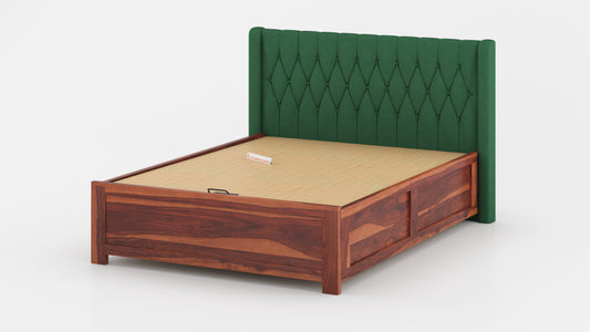 Samawi Sheesham Wood bed with Upholstered headboard Hydraulic Storage Queen Size - Furnishka
