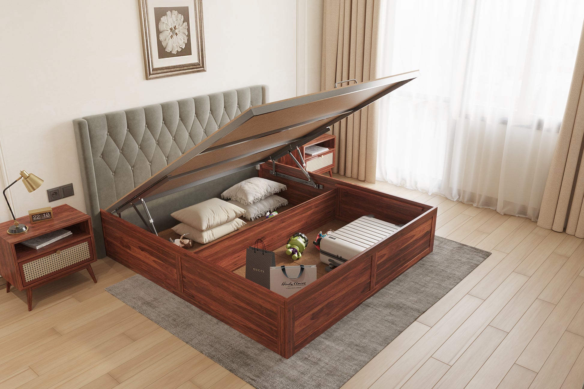 Samawi Sheesham Wood bed with Upholstered headboard Hydraulic Storage Queen Size - Furnishka 