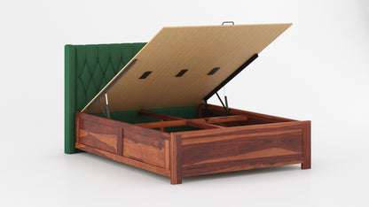 Samawi Sheesham Wood bed with Upholstered headboard Hydraulic Storage Queen Size - Furnishka 