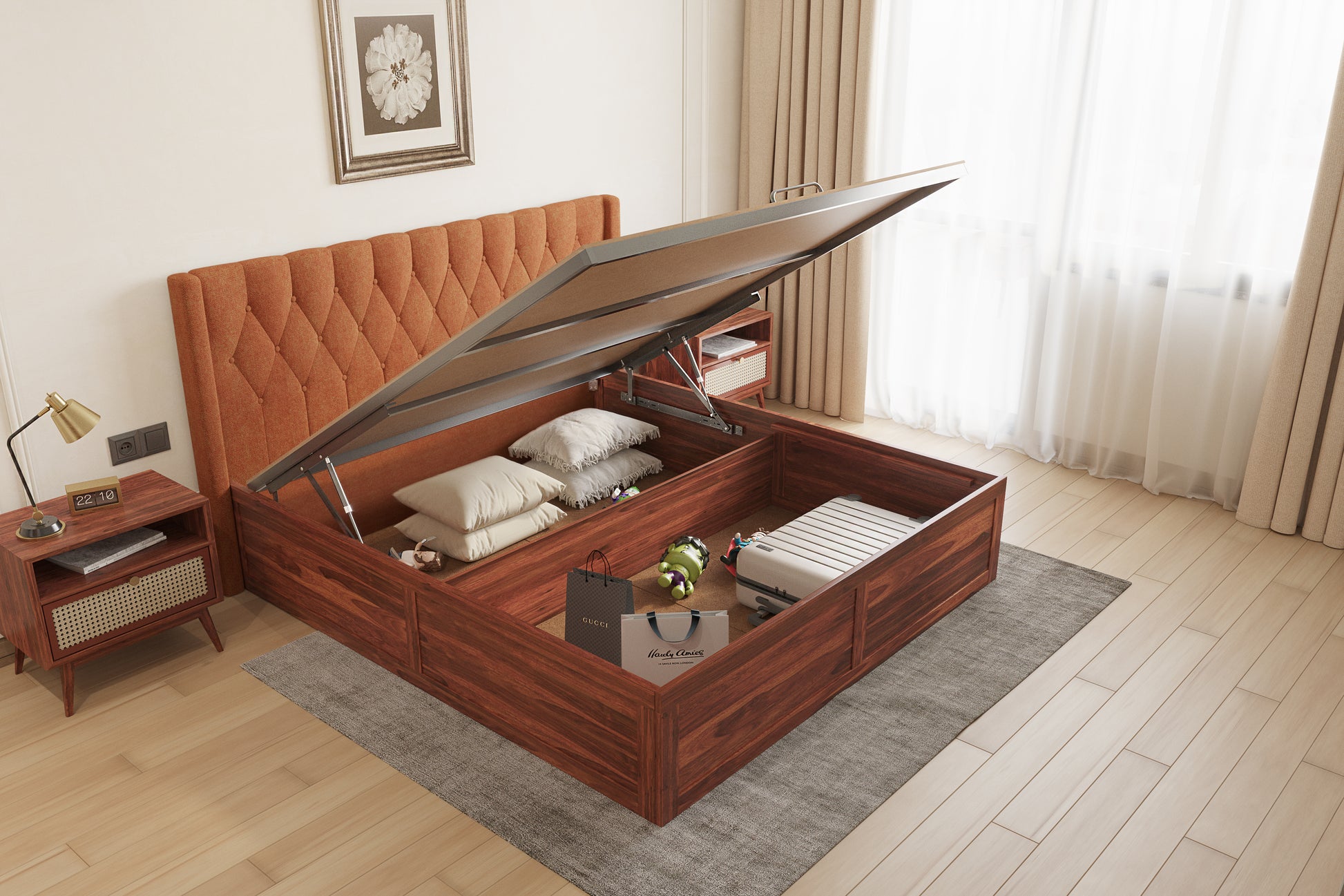 Samawi Sheesham Wood bed with Upholstered headboard Hydraulic Storage Queen Size - Furnishka 