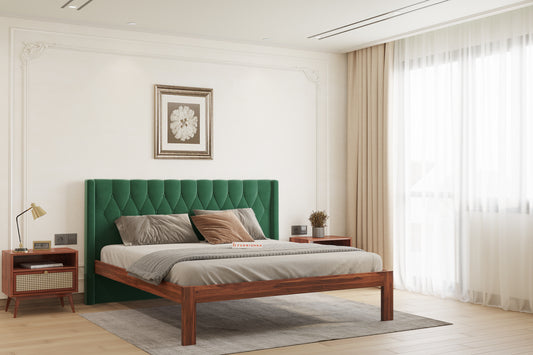 Samawi Sheesham Wood bed with Upholstered headboard Non Storage King Size - Furnishka