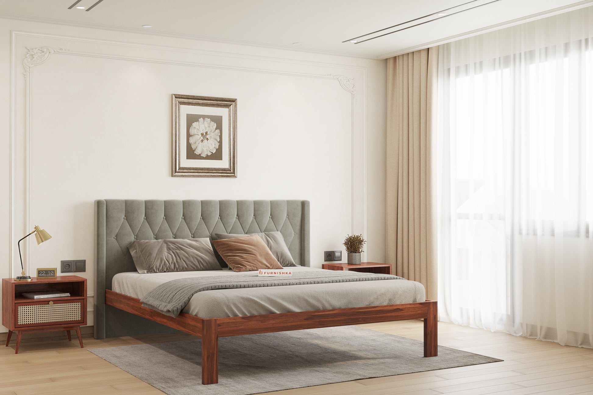 Samawi Sheesham Wood bed with Upholstered headboard Non Storage King Size - Furnishka 