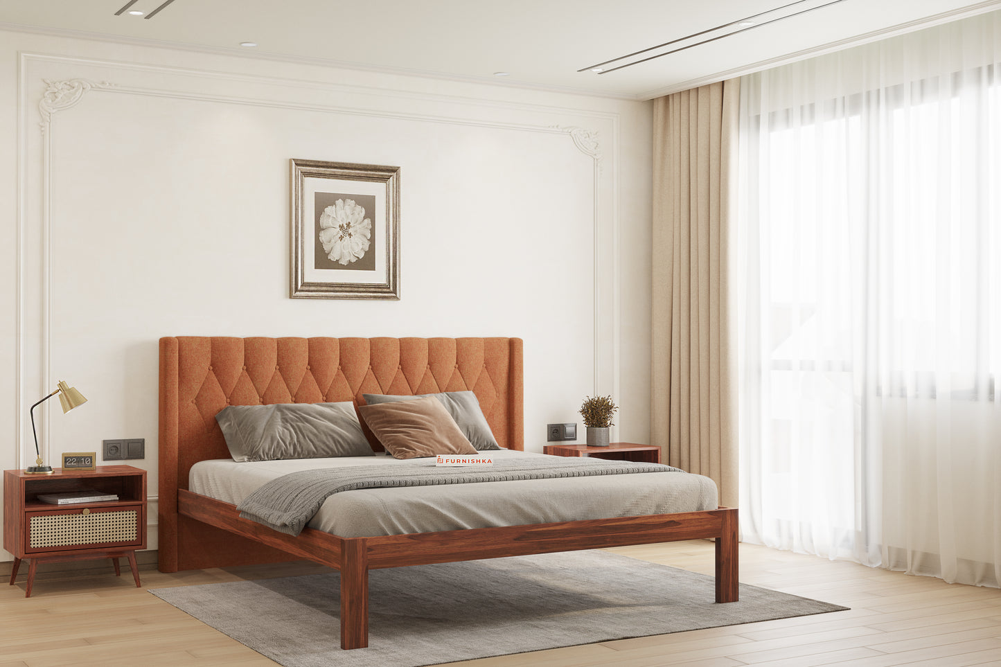 Samawi Sheesham Wood bed with Upholstered headboard Non Storage Queen Size - Furnishka 