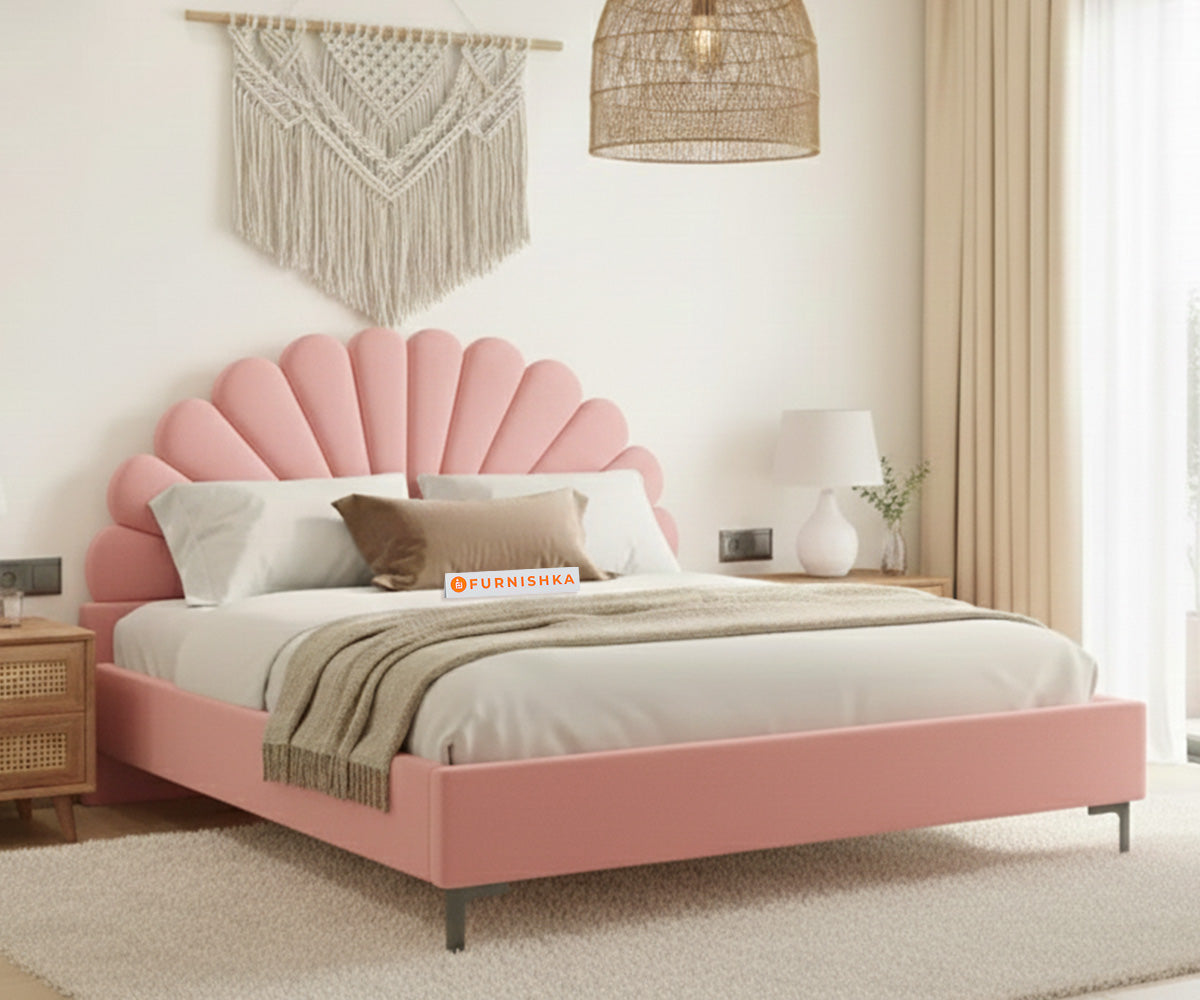 Satin Fabric bed With Upholstered headboard Non Storage Flamingo Pink - Queen Size - Furnishka 