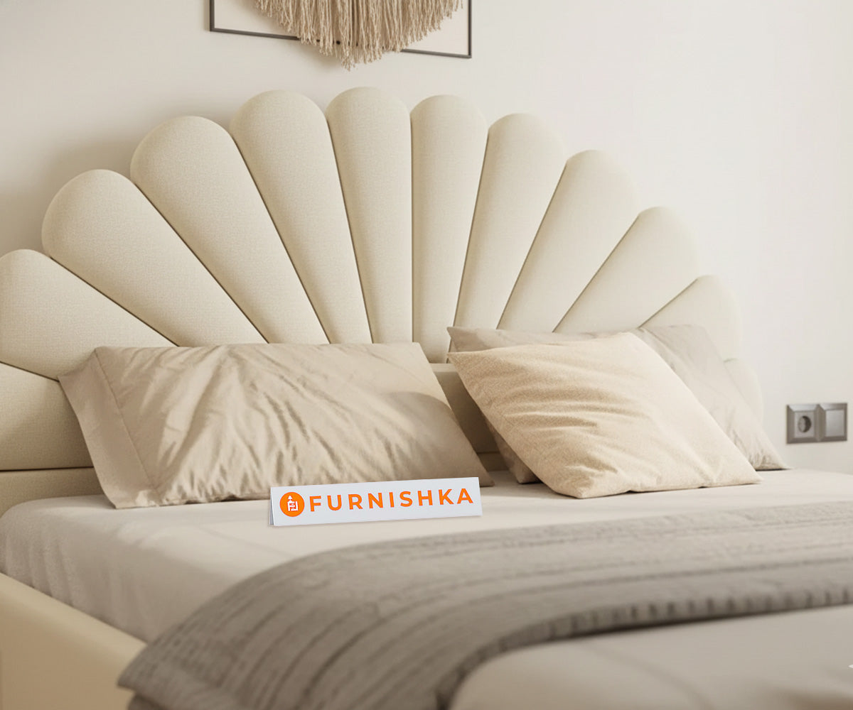 Satin Fabric bed With Upholstered headboard Non Storage Light Beige - Queen Size - Furnishka 