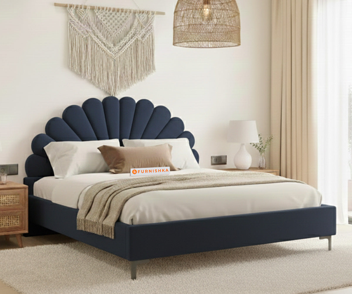 Satin Fabric bed With Upholstered headboard Non Storage Persian Blue - King Size - Furnishka 