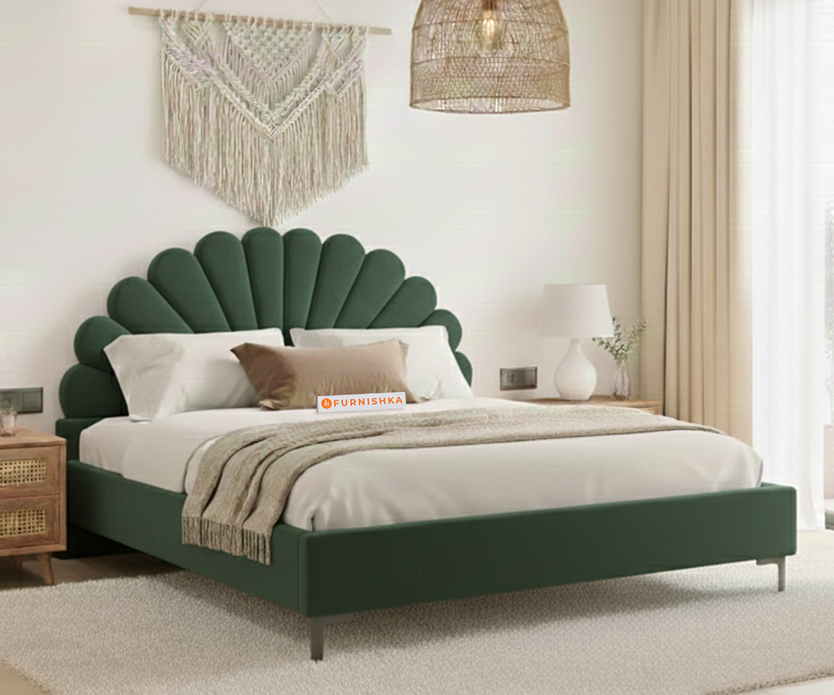 Satin Fabric bed With Upholstered headboard Non Storage Pine Green - King Size - Furnishka
