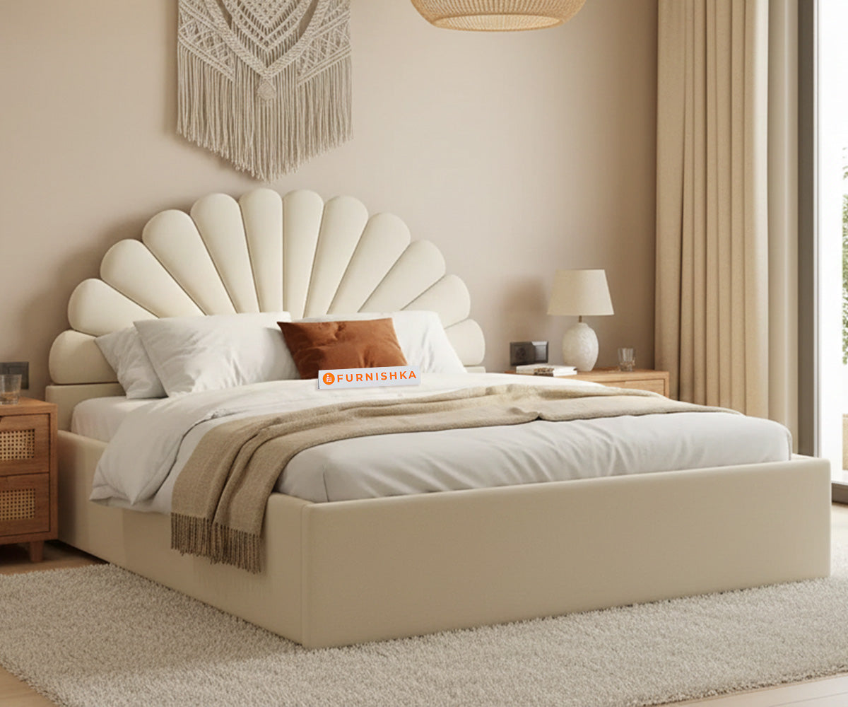 Satin Fabric bed with Uphold Hydraulic Storage Light Beige - Queen Size - Furnishka