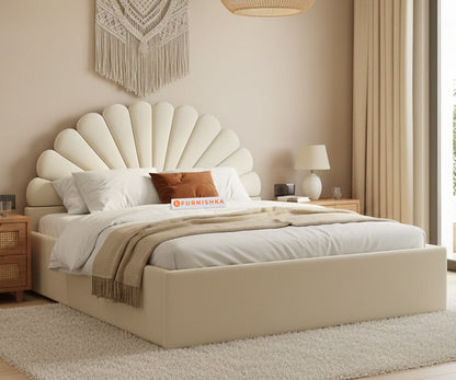 Satin Fabric bed with Uphold Hydraulic Storage Light Beige - Queen Size - Furnishka