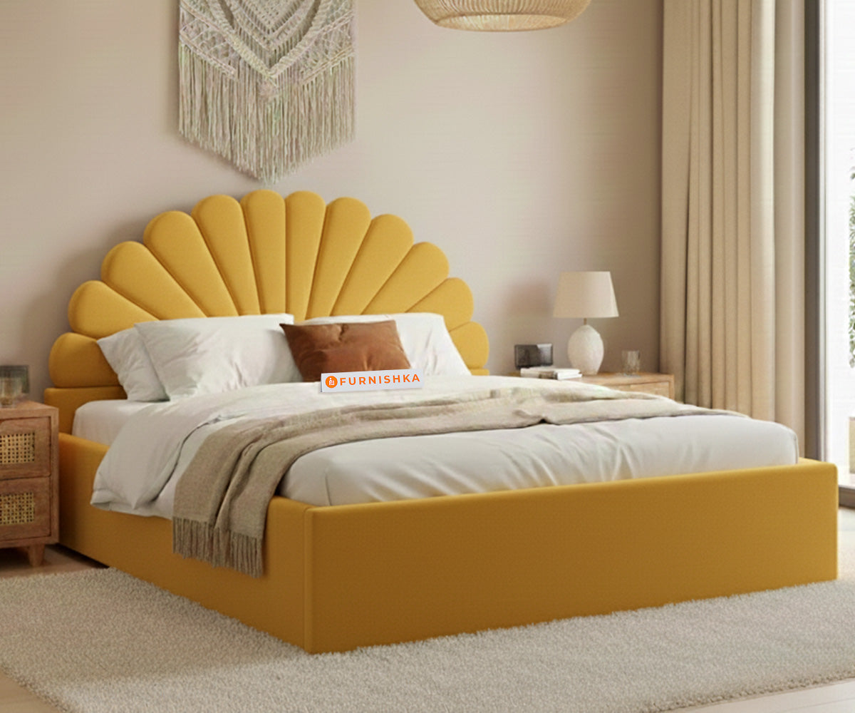Satin Fabric bed with Uphold Hydraulic Storage Mustard Yellow - Queen Size - Furnishka