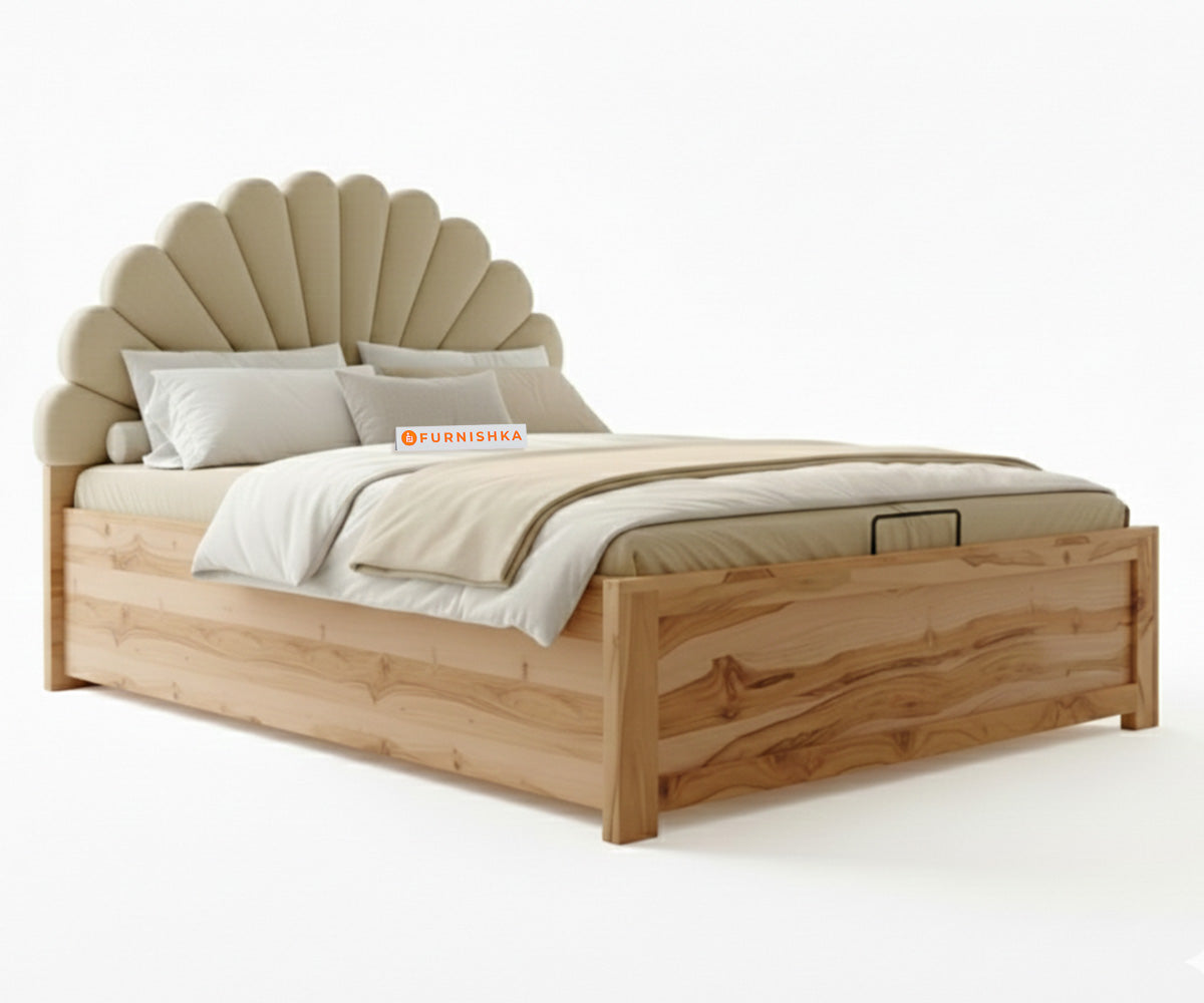 Satin Real Teak wood Hydraulic Bed King Size - Light Beige - Furnishka 