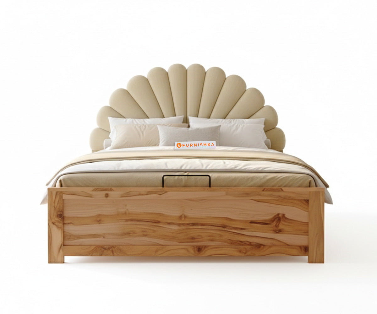 Satin Real Teak wood Hydraulic Bed King Size - Light Beige - Furnishka 