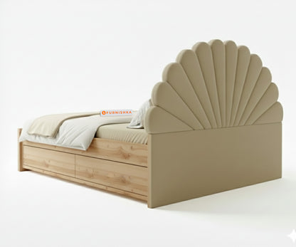 Satin Real Teak wood Hydraulic Bed King Size - Light Beige - Furnishka 