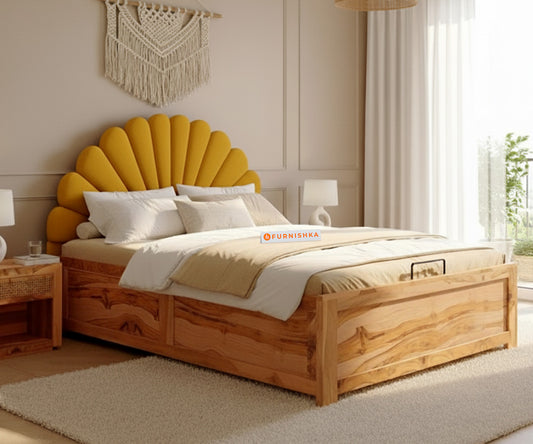 Satin Real Teak wood Hydraulic Bed Queen Size - Mustard Yellow - Furnishka