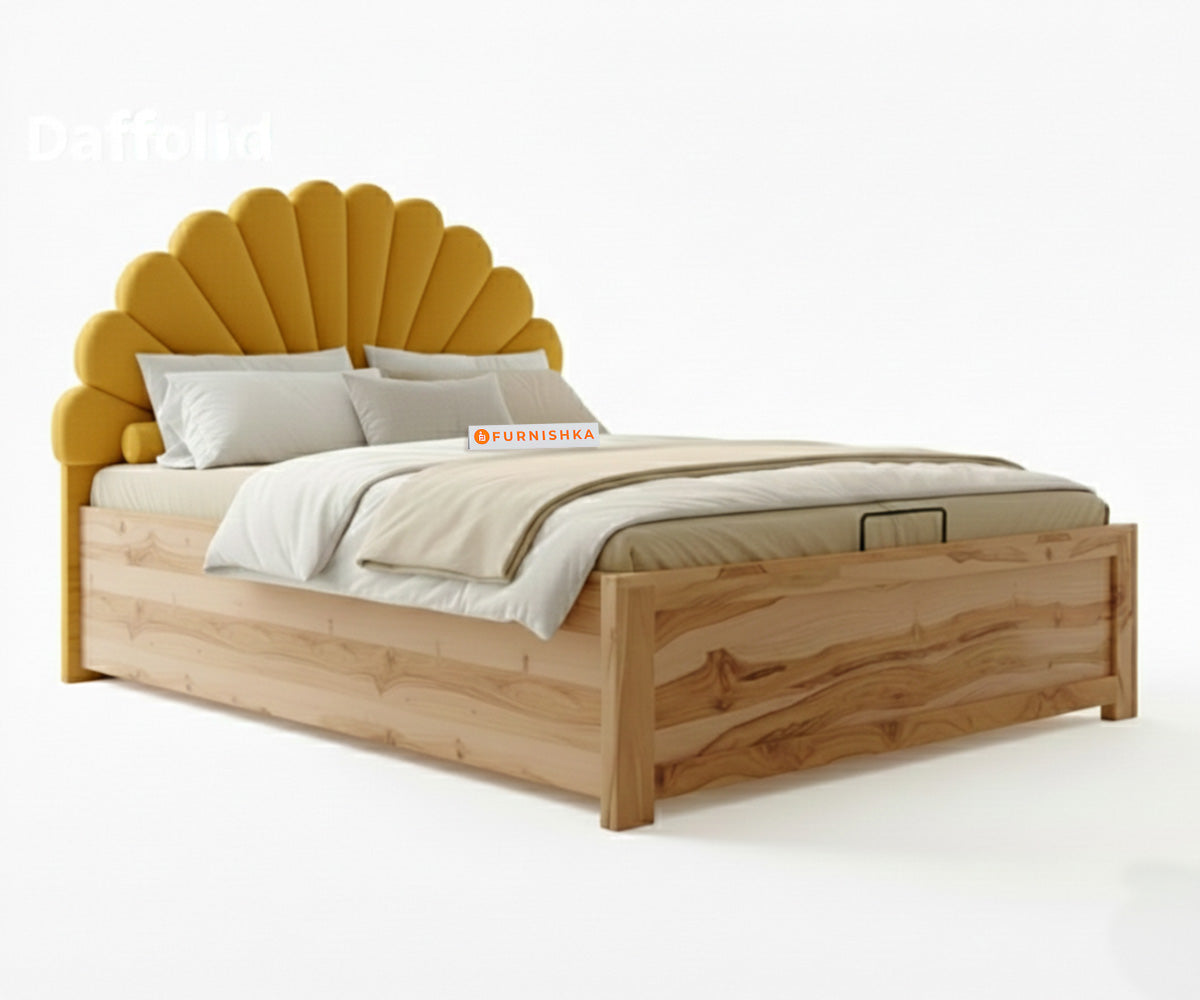 Satin Real Teak wood Hydraulic Bed King Size - Mustard Yellow - Furnishka 