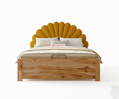 Satin Real Teak wood Hydraulic Bed King Size - Mustard Yellow - Furnishka 
