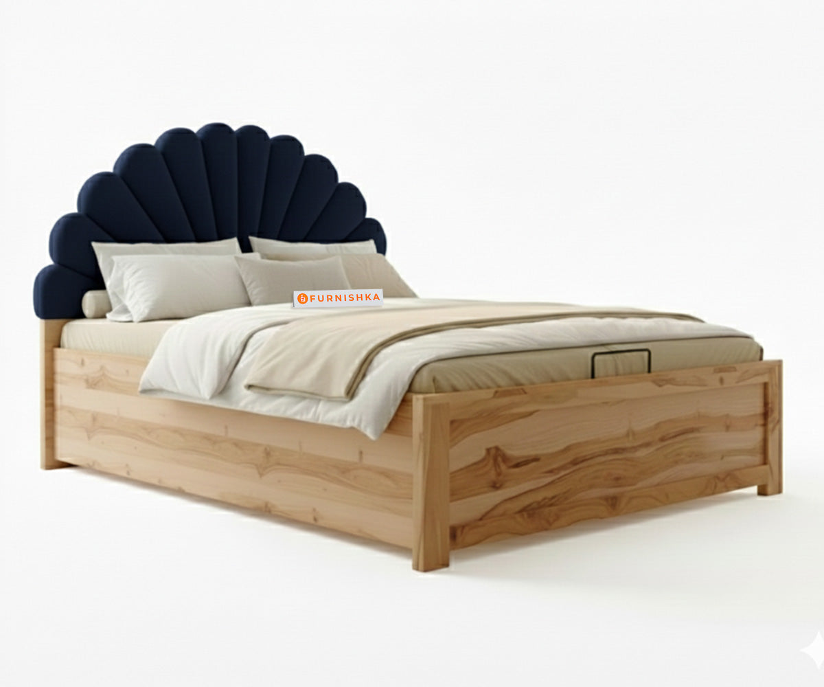 Satin Real Teak wood Hydraulic Bed King Size - Persian Blue - Furnishka 