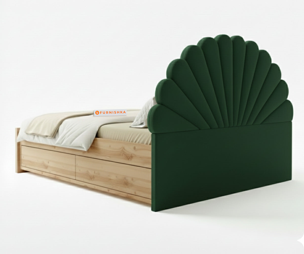 Satin Real Teak wood Hydraulic Bed King Size - Pine Green - Furnishka 