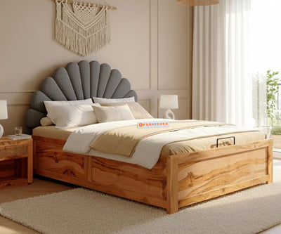 Satin Real Teak wood Hydraulic Bed King Size - Space Grey