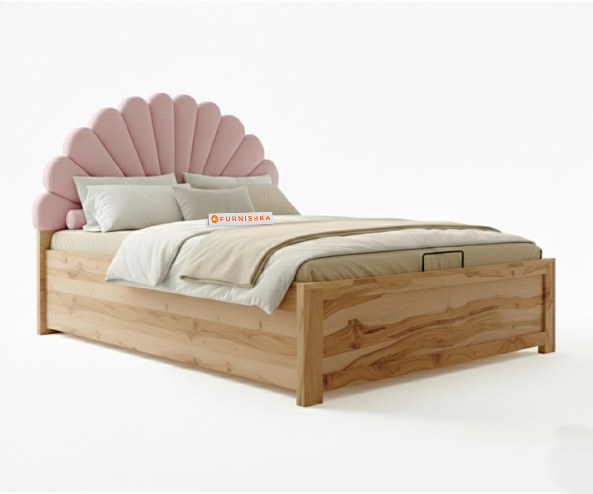 Satin Real Teak wood Hydraulic Bed Queen Size - Flamingo Pink - Furnishka 