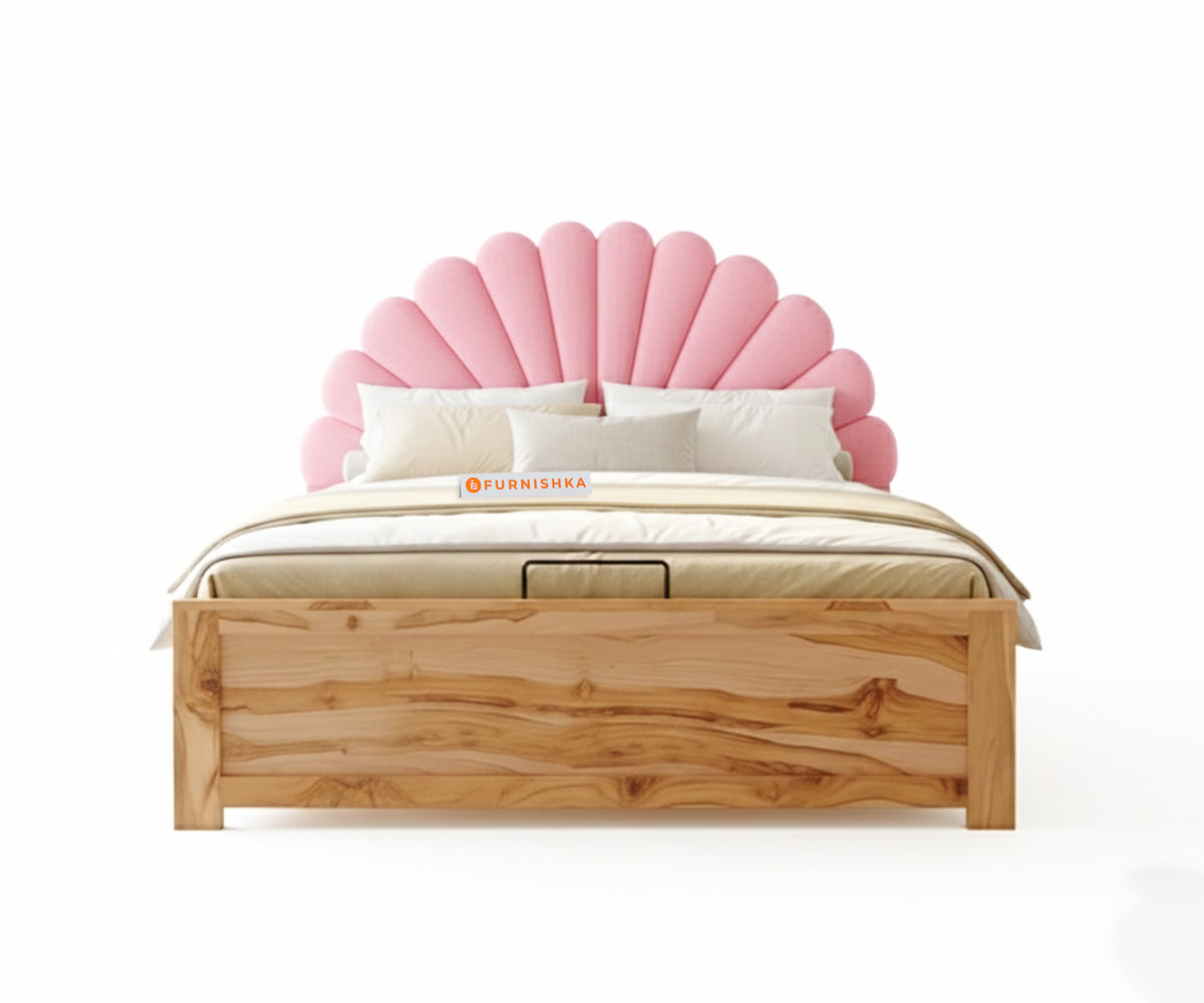 Satin Real Teak wood Hydraulic Bed Queen Size - Flamingo Pink - Furnishka 