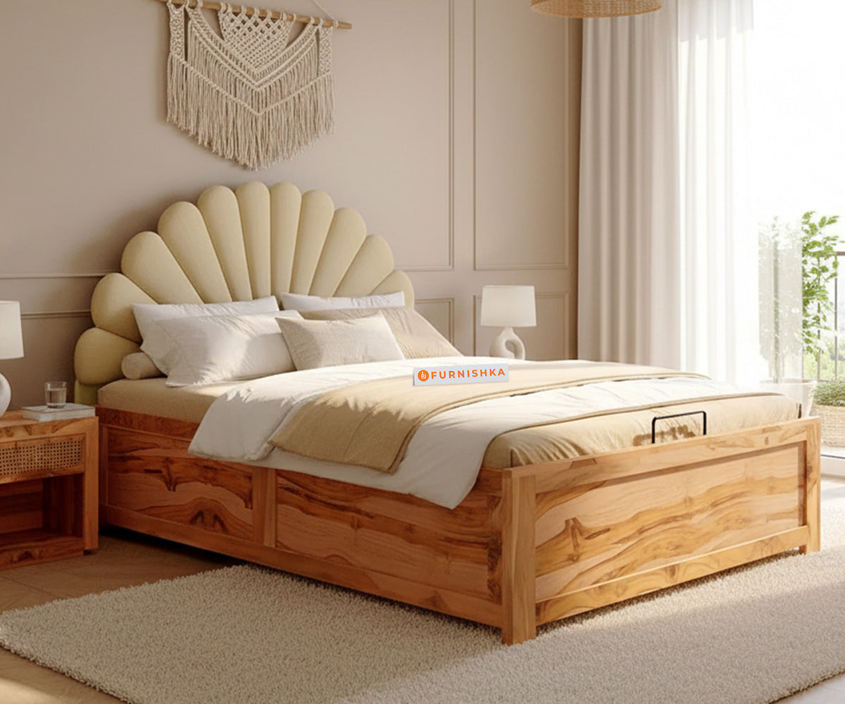 Satin Real Teak wood Hydraulic Bed Queen Size - Light Beige - Furnishka 