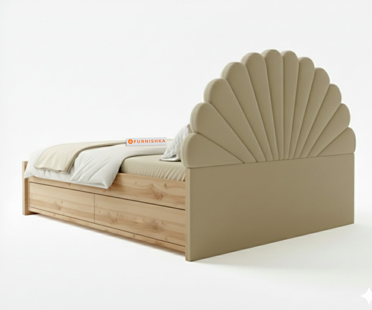 Satin Real Teak wood Hydraulic Bed Queen Size - Light Beige - Furnishka 