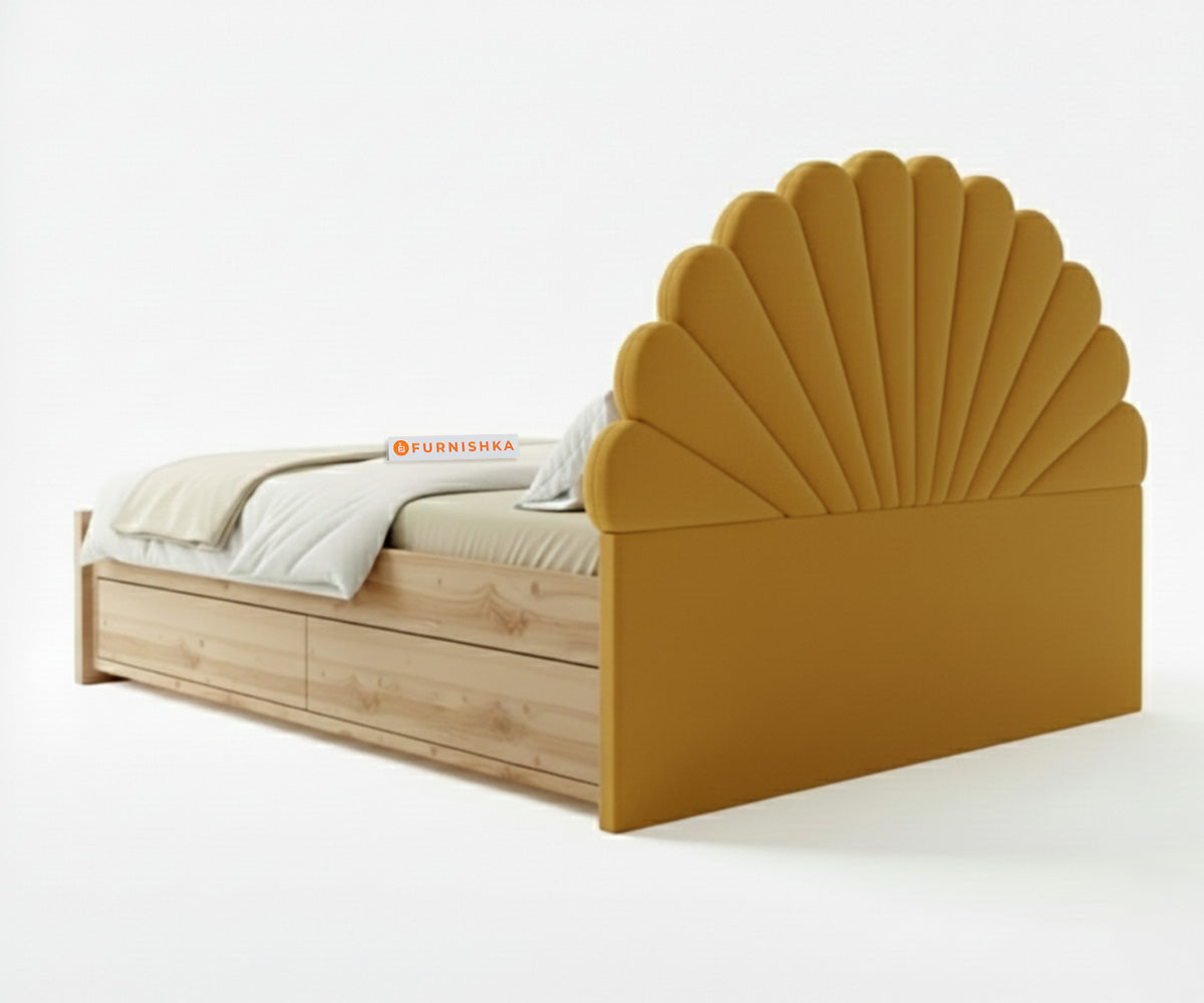 Satin Real Teak wood Hydraulic Bed Queen Size - Mustard Yellow - Furnishka 