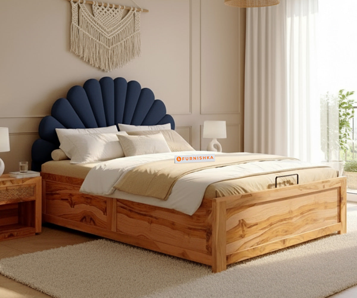 Satin Real Teak wood Hydraulic Bed Queen Size - Persian Blue - Furnishka 
