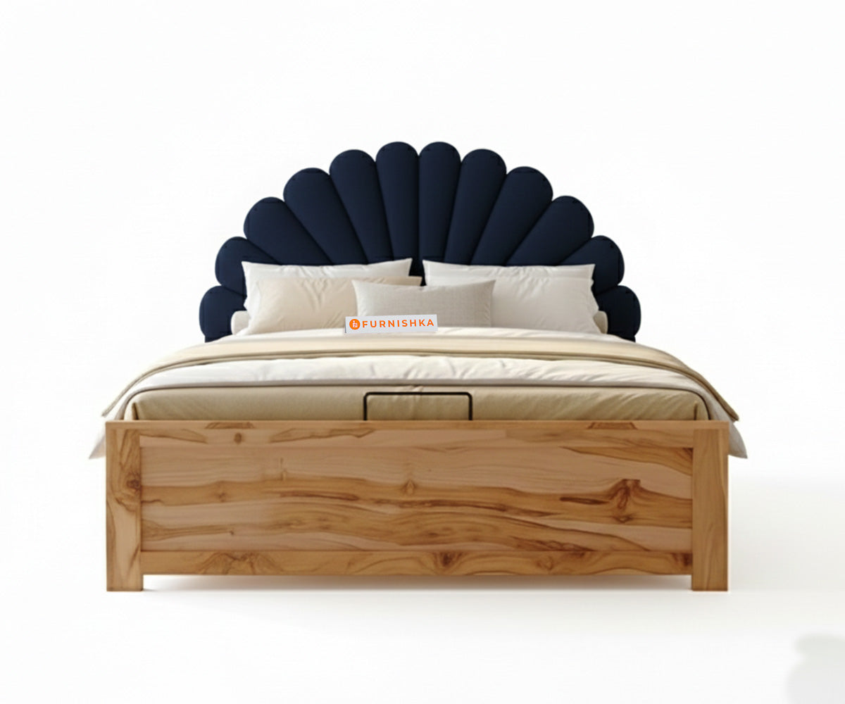 Satin Real Teak wood Hydraulic Bed Queen Size - Persian Blue - Furnishka 