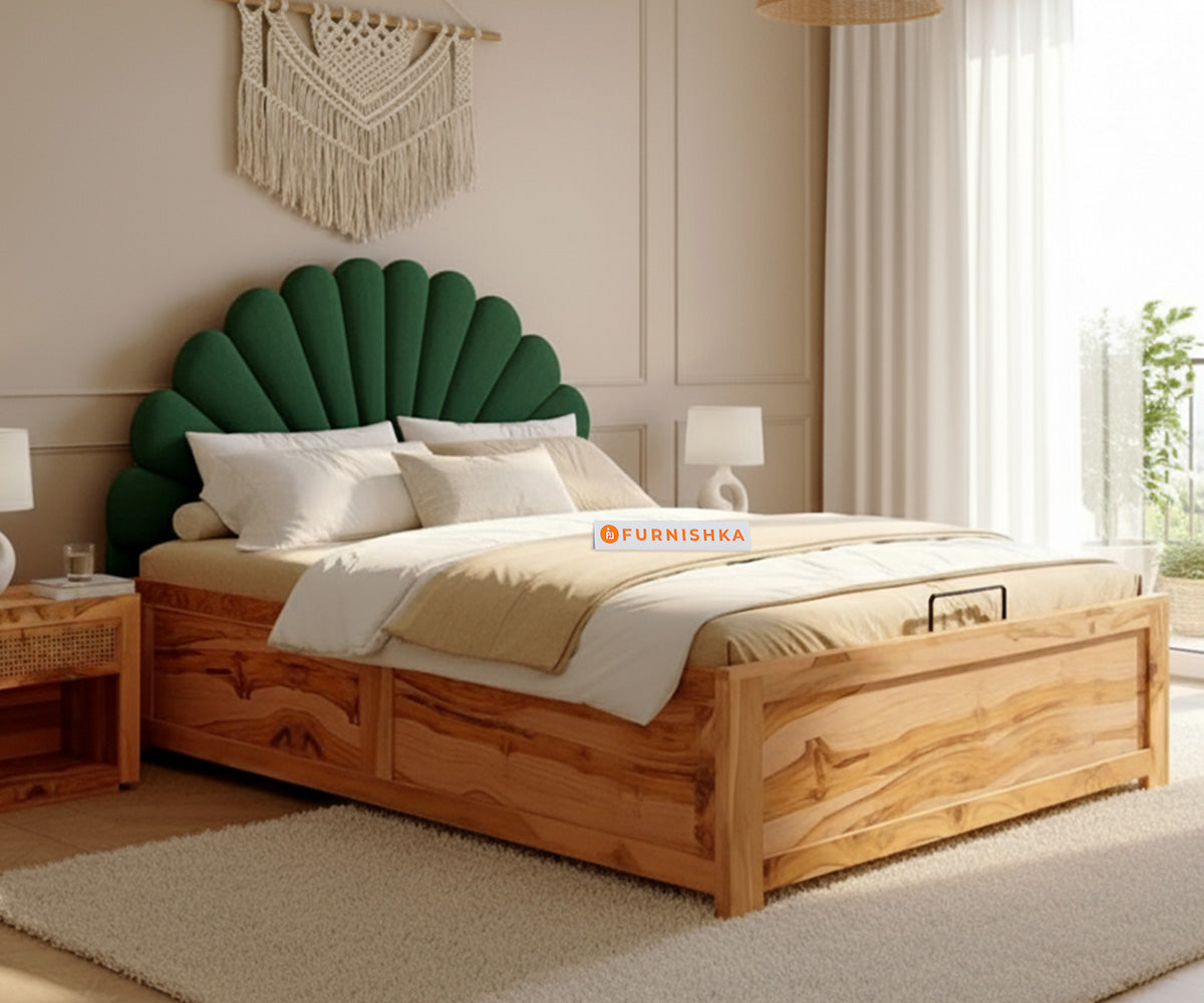 Satin Real Teak wood Hydraulic Bed Queen Size - Pine Green - Furnishka 