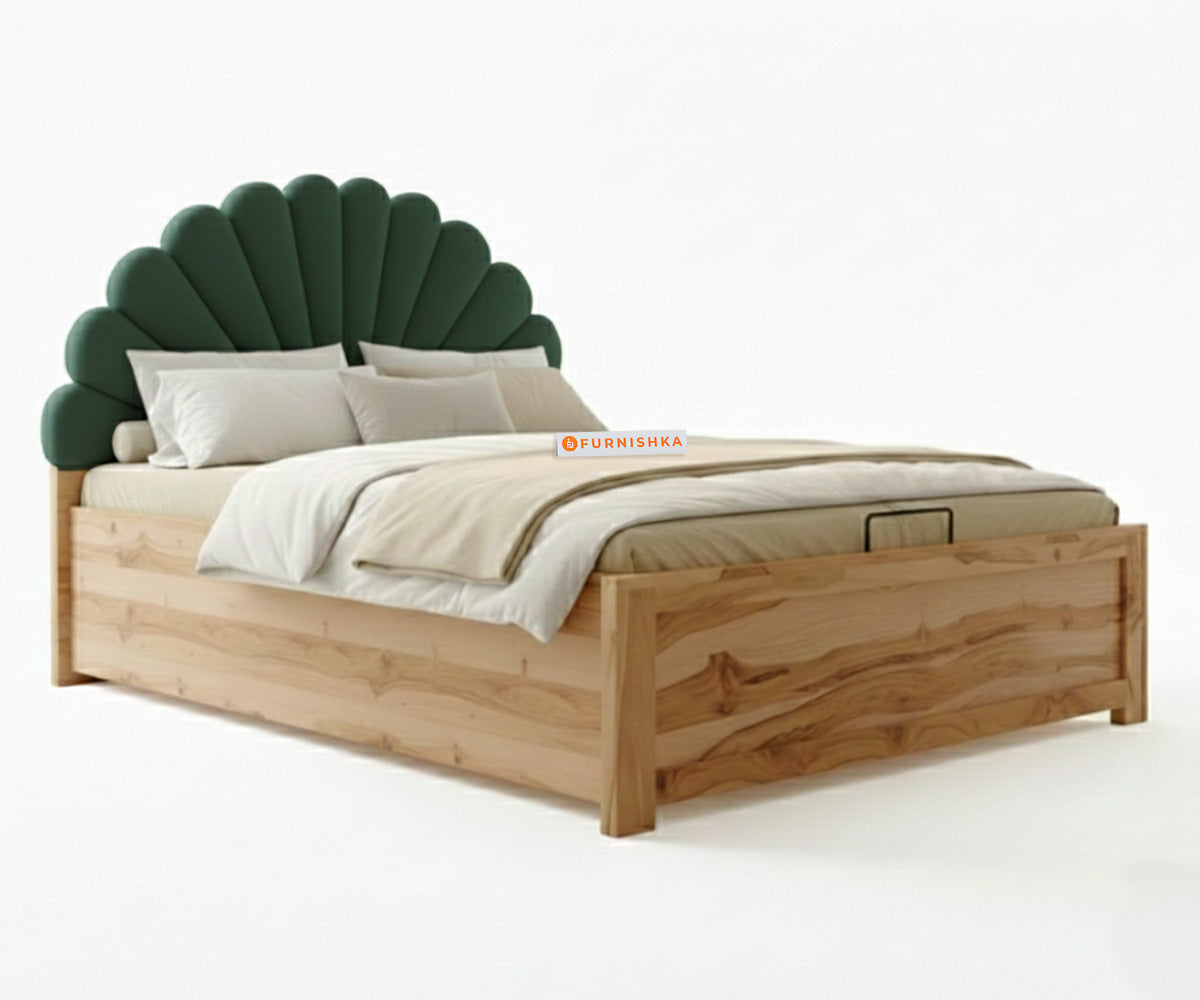 Satin Real Teak wood Hydraulic Bed Queen Size - Pine Green - Furnishka 