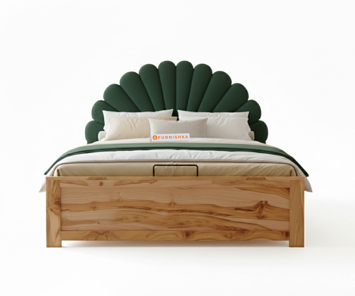 Satin Real Teak wood Hydraulic Bed Queen Size - Pine Green - Furnishka 