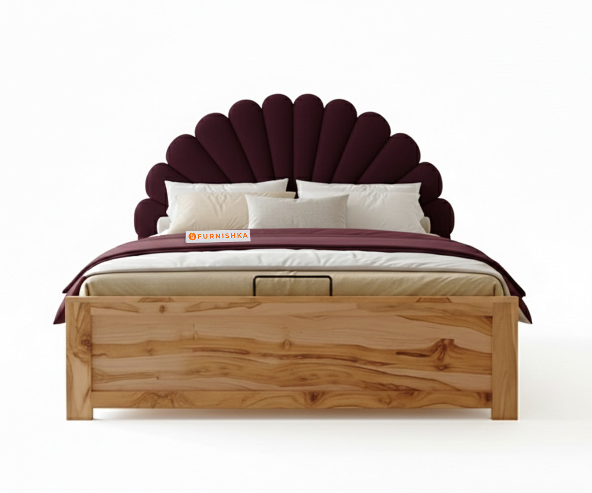 Satin Real Teak wood Hydraulic Bed Queen Size - Red Wine - Furnishka 