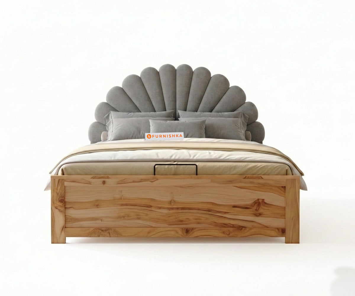 Satin Real Teak wood Hydraulic Bed Queen Size - Space Grey - Furnishka 