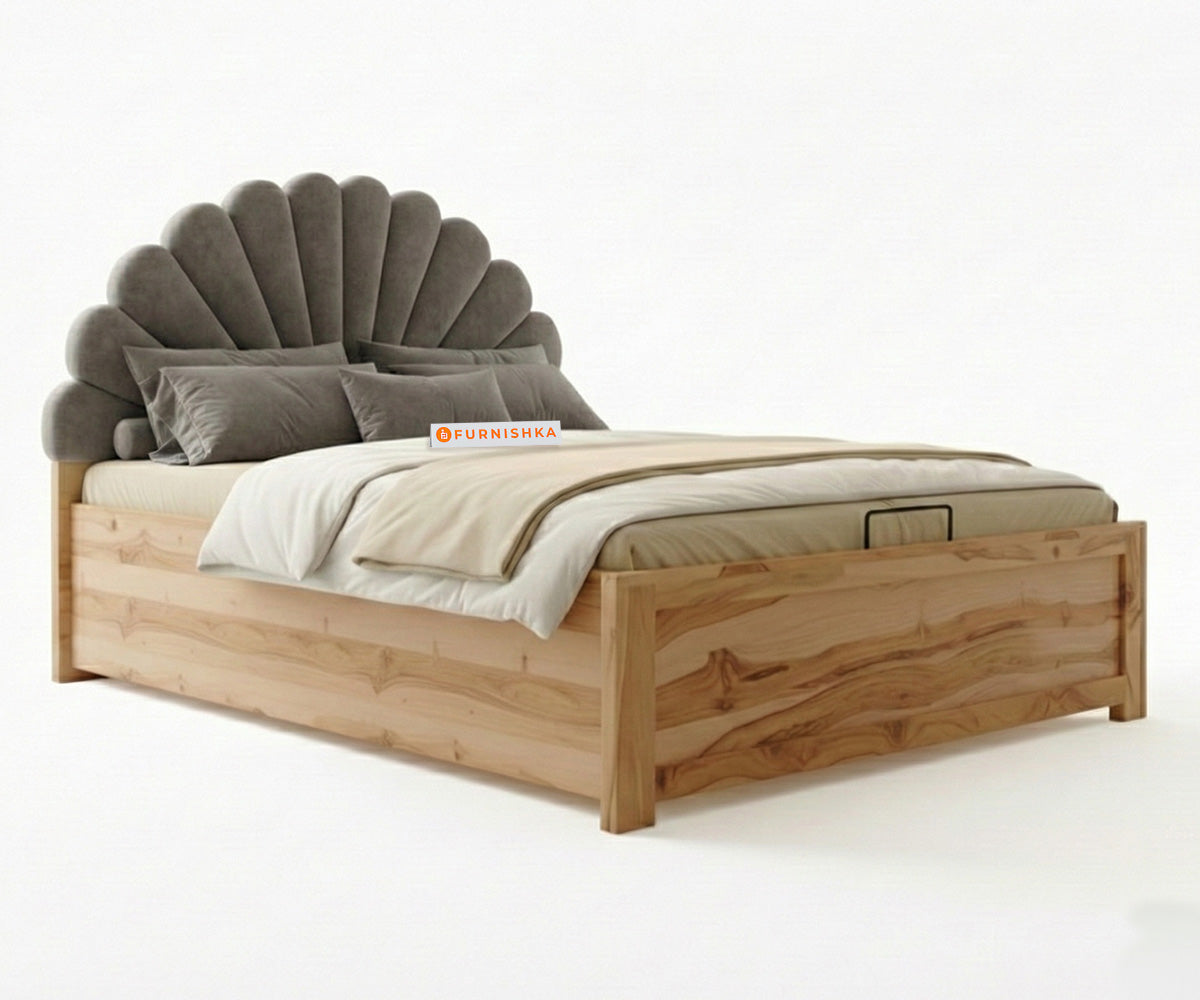 Satin Real Teak wood Hydraulic Bed Queen Size - Space Grey - Furnishka 