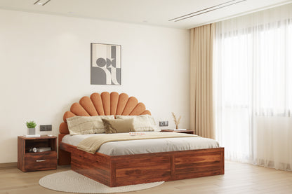 Satin Sheesham Wood bed with Upholstered headboard Drawer Storge Queen Size - Furnishka