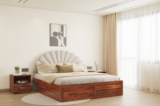 Satin Sheesham Wood bed with Upholstered headboard Drawer Storge Queen Size - Furnishka 