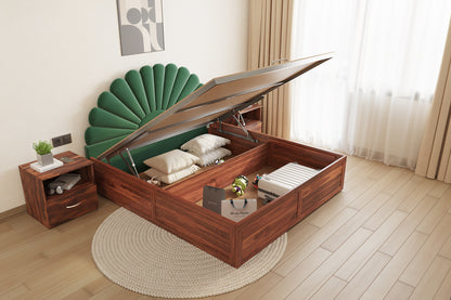 Satin Sheesham Wood bed with Upholstered headboard Hydraulic Storage Queen Size - Furnishka 