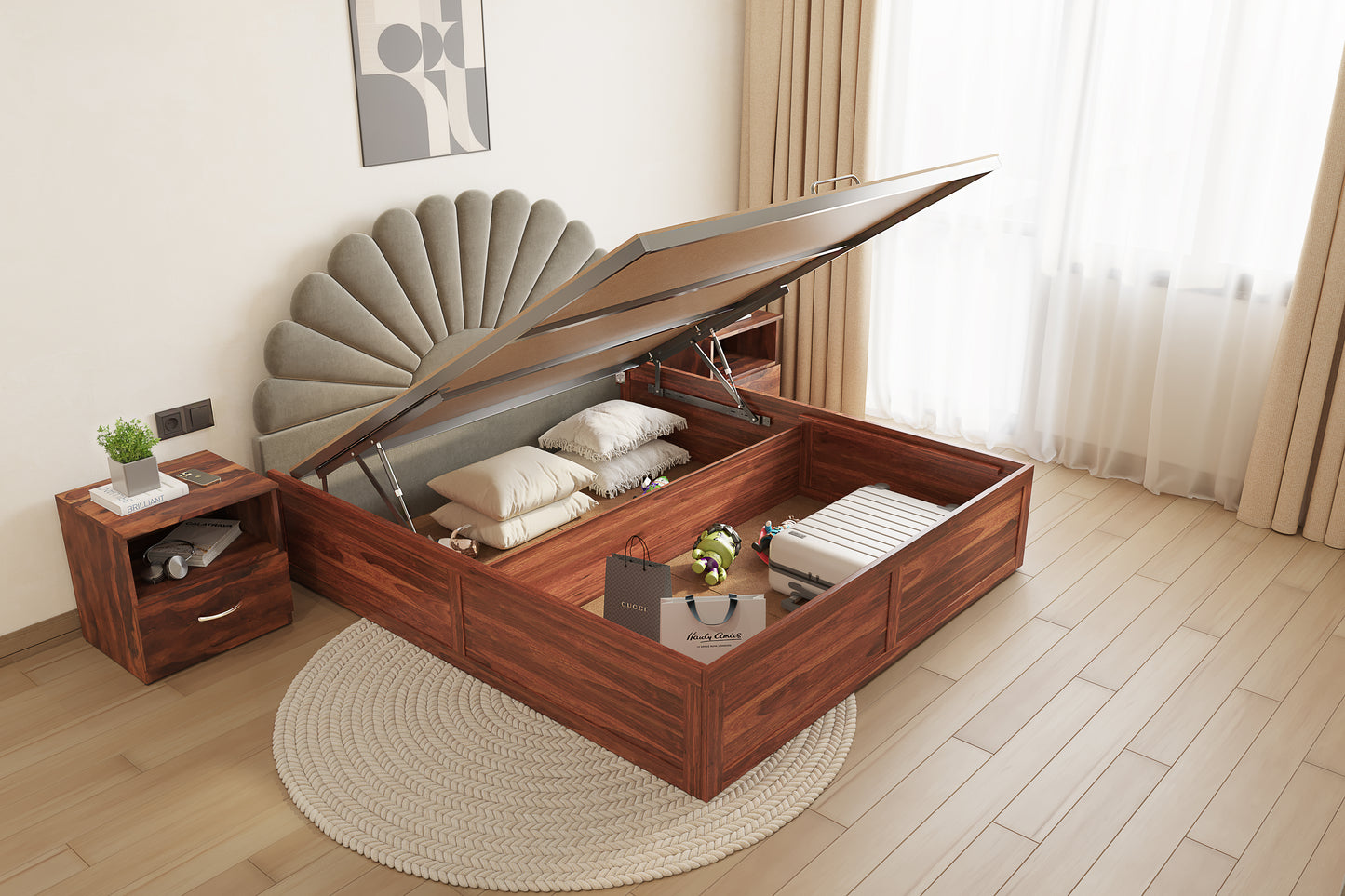 Satin Sheesham Wood bed with Upholstered headboard Hydraulic Storage Queen Size - Furnishka 