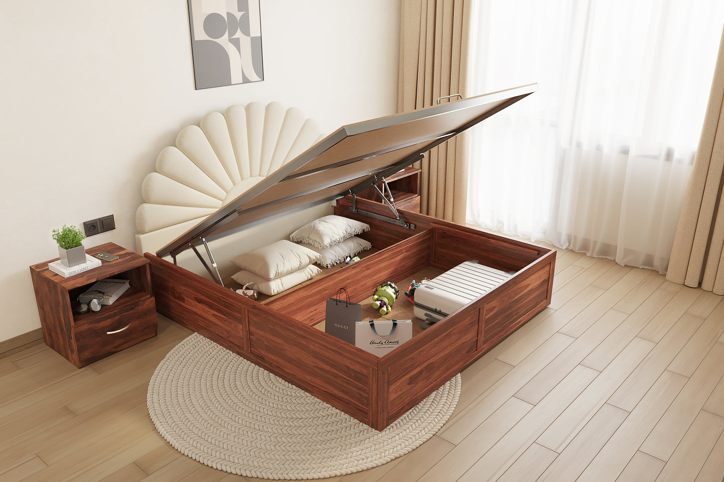 Satin Sheesham Wood bed with Upholstered headboard Hydraulic Storage Queen Size - Furnishka 