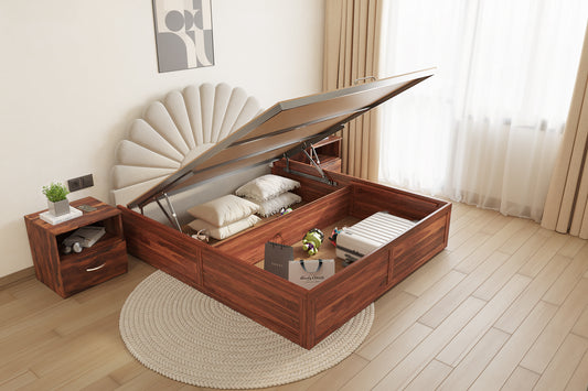Satin Sheesham Wood bed with Upholstered headboard Hydraulic Storage Queen Size - Furnishka
