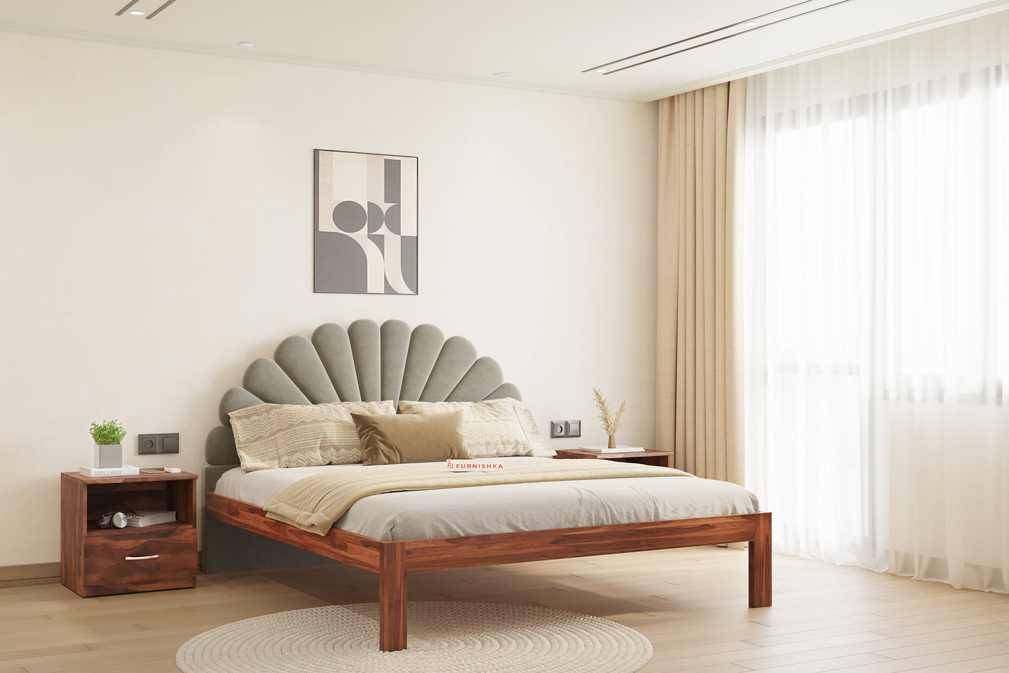 Satin Sheesham Wood bed with Upholstered headboard Non Storage King Size - Furnishka 