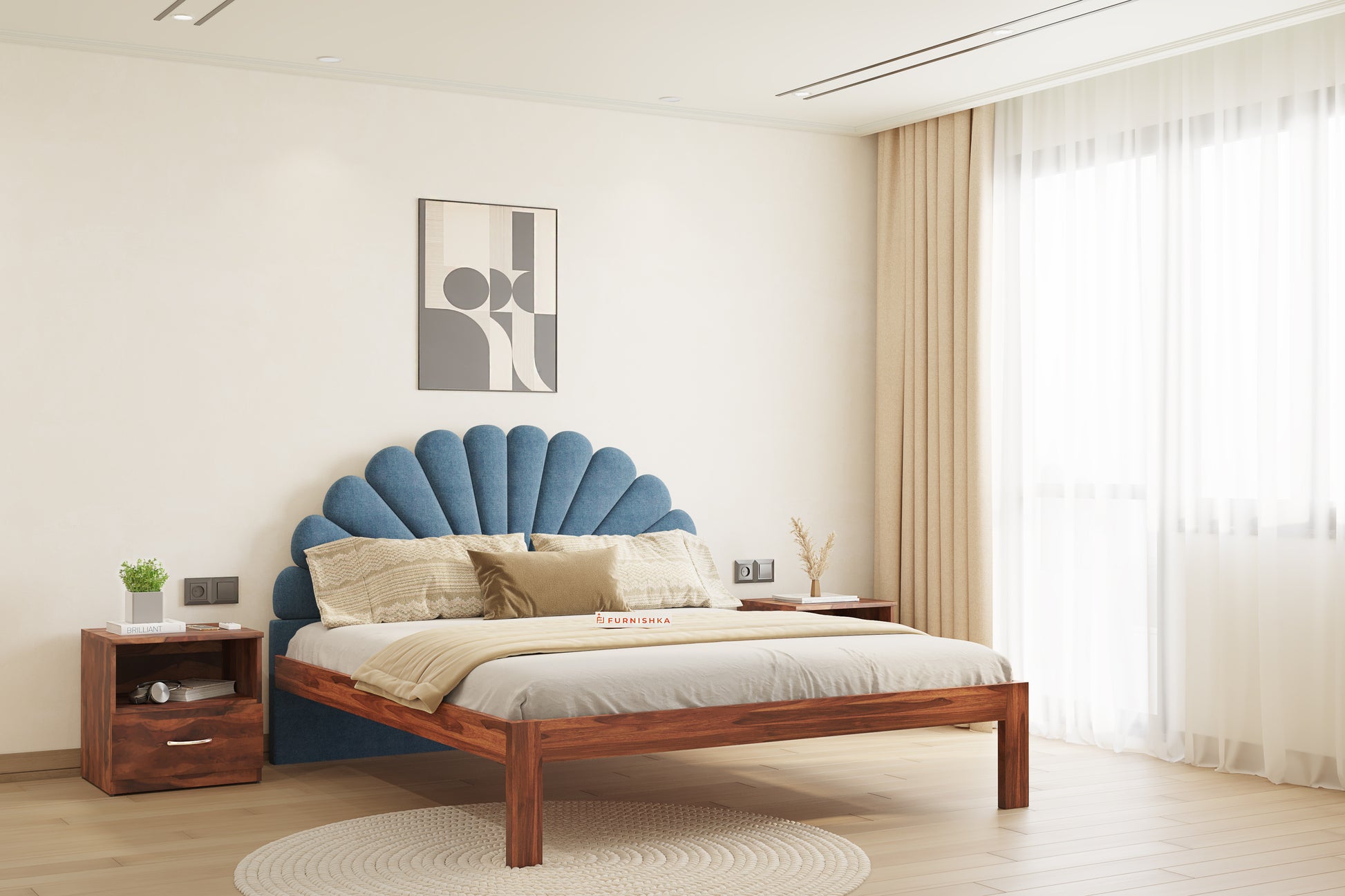 Satin Sheesham Wood bed with Upholstered headboard Non Storage King Size - Furnishka 