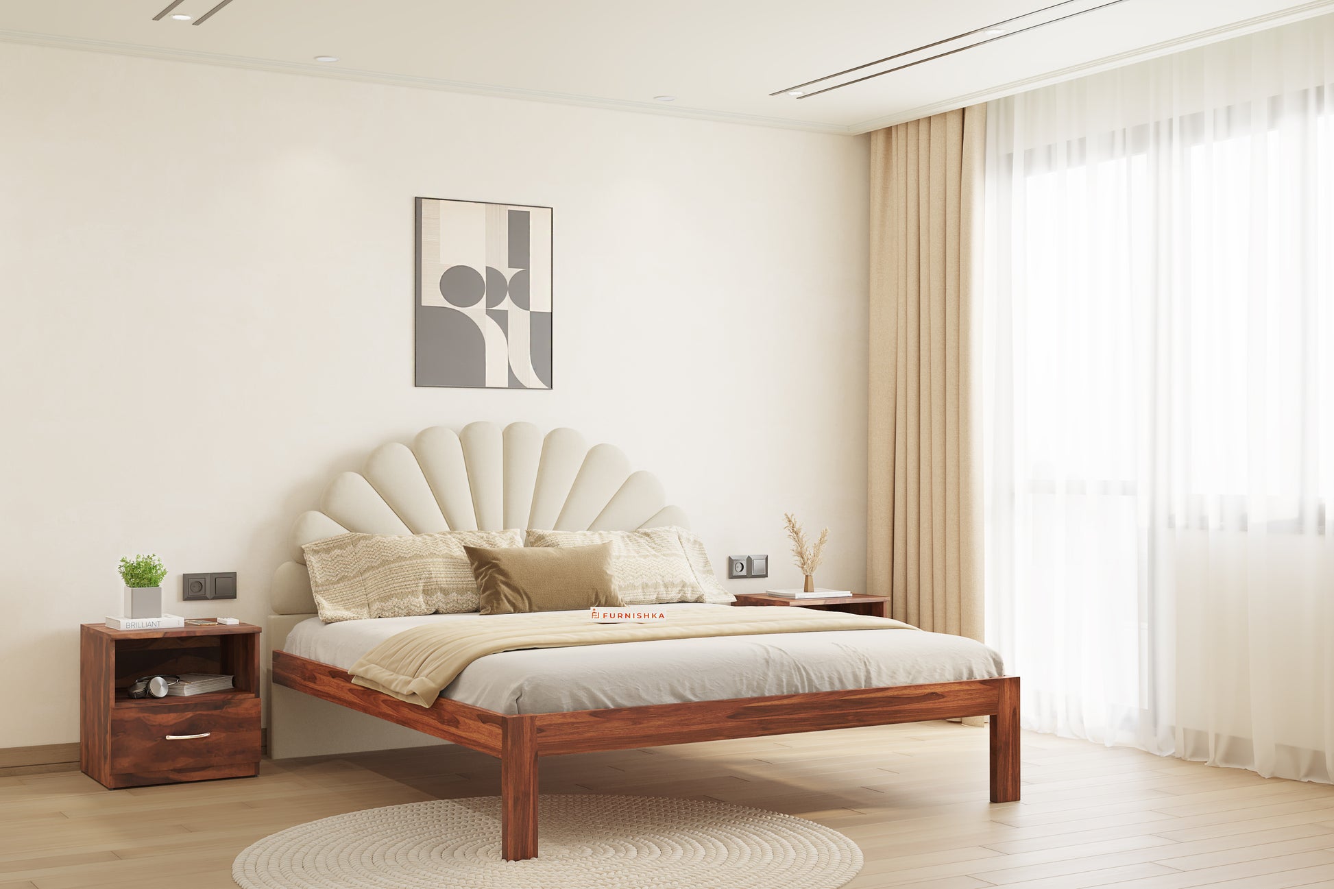 Satin Sheesham Wood bed with Upholstered headboard Non Storage Queen Size - Furnishka 