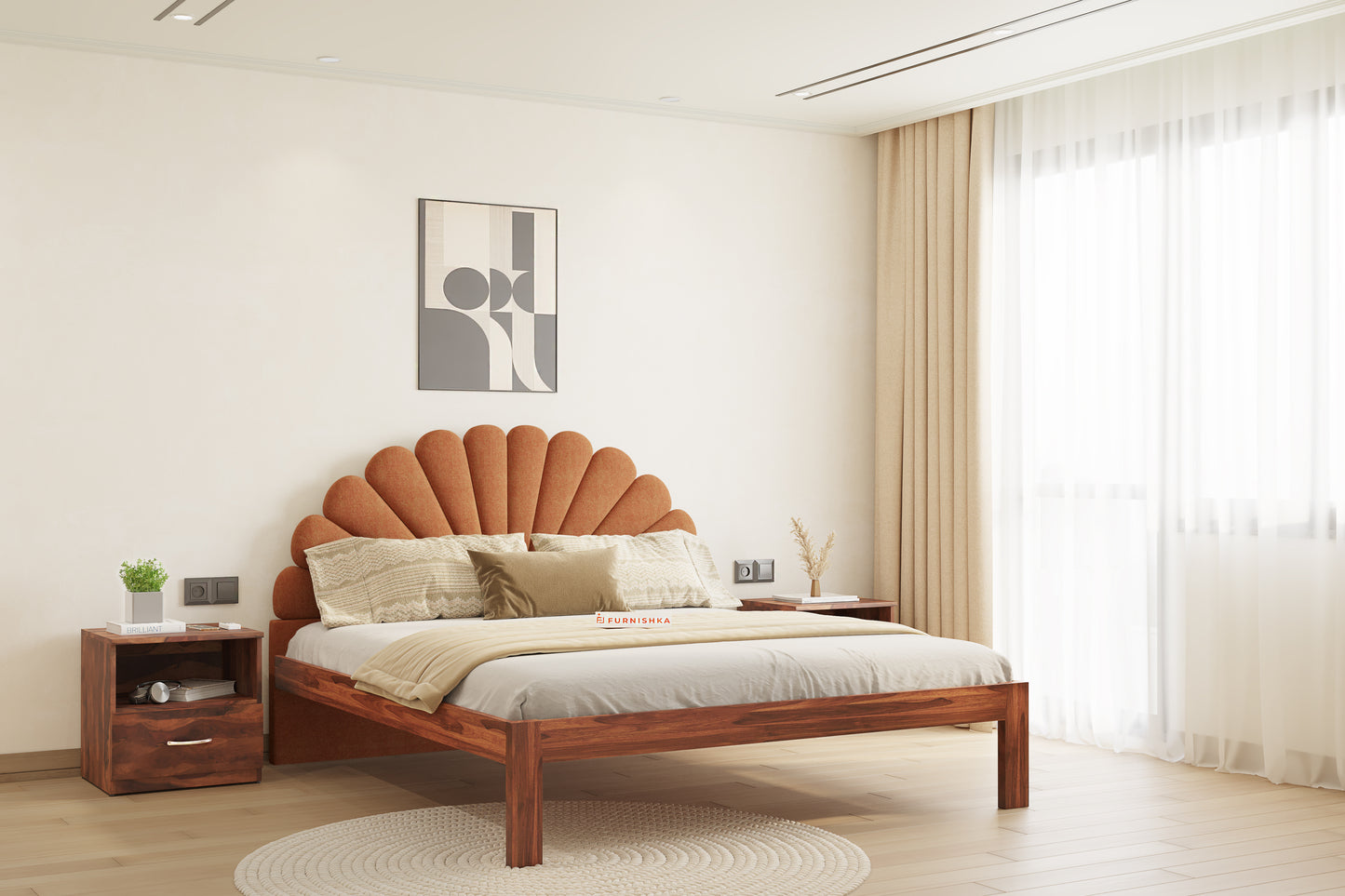 Satin Sheesham Wood bed with Upholstered headboard Non Storage Queen Size - Furnishka 