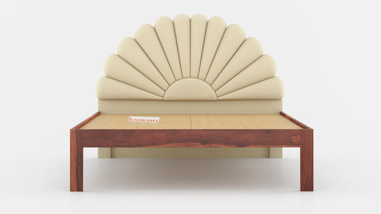 Satin Sheesham Wood bed with Upholstered headboard Non Storage Queen Size - Furnishka