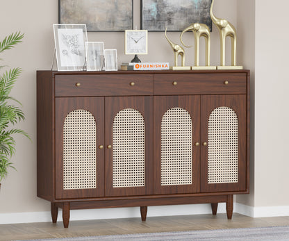 Smith Acacia Wood Four Door Cane Chest of Drawers - Furnishka 