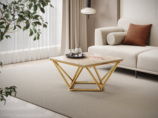 Solaia Coffee Table with ROSALIA GOLD Marble Top in  Gold Finish - Furnishka 